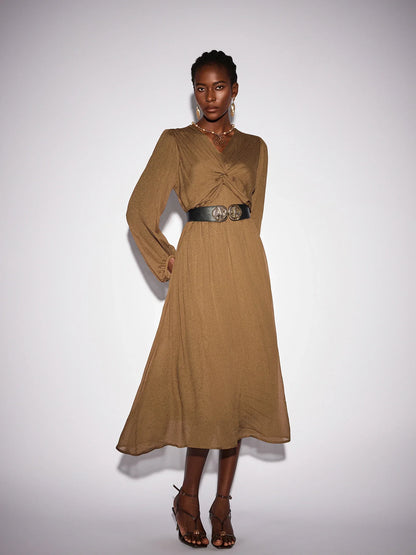 Front Tie Neck Brown Pleated Midi Dress