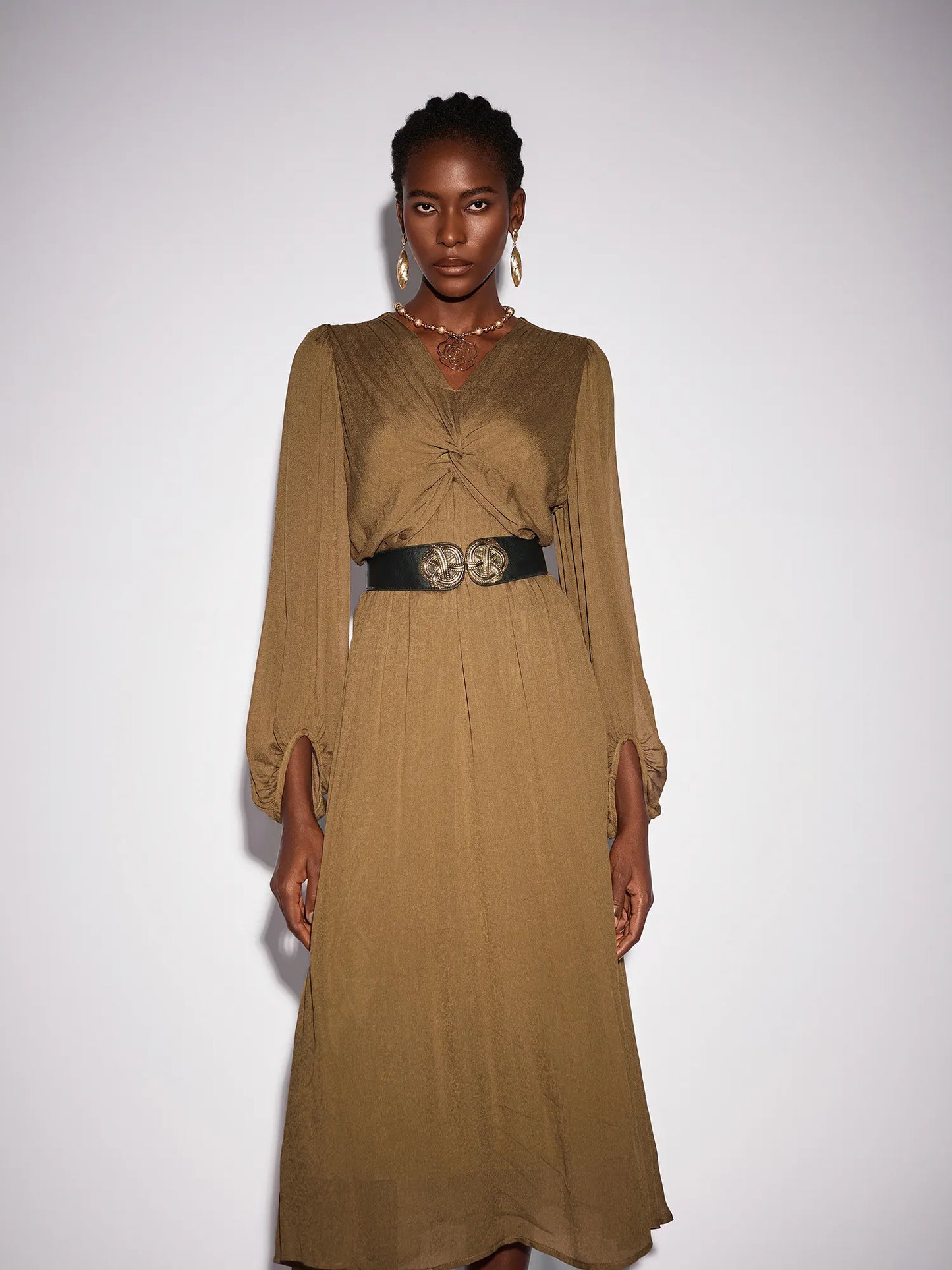 Front Tie Neck Brown Pleated Midi Dress