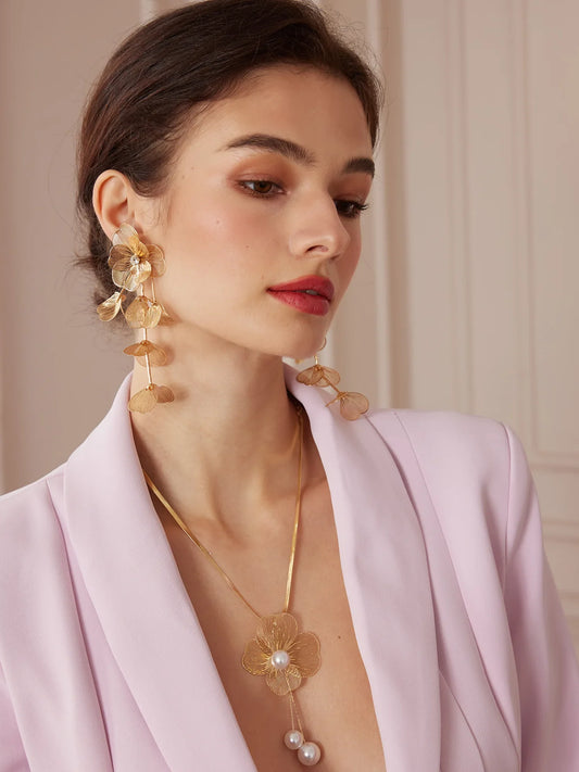 Gold Flower Necklace and Earring Set