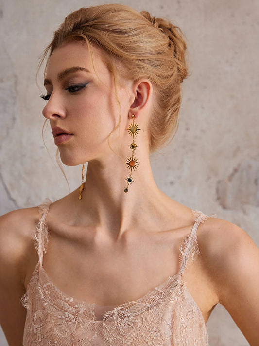Gold Sun Flower Long Tassel Earrings