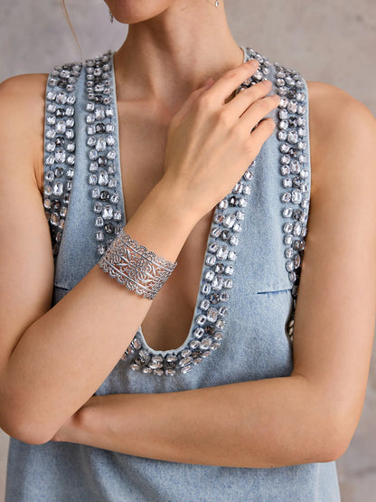 Silver Vintage Flower Cuff Bangle Bracelet