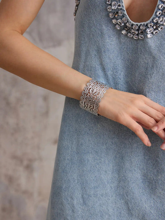 Silver Vintage Flower Cuff Bangle Bracelet