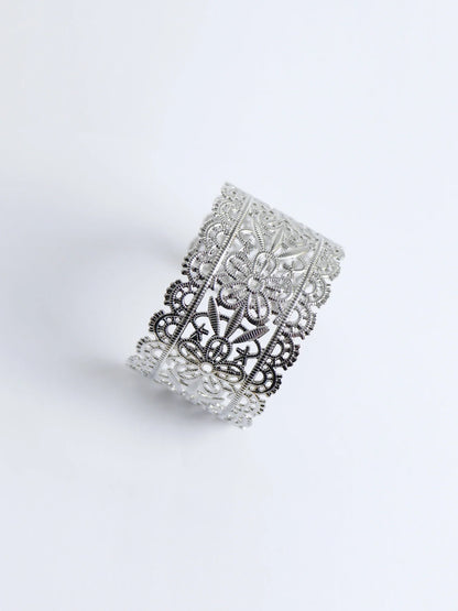 Silver Vintage Flower Cuff Bangle Bracelet