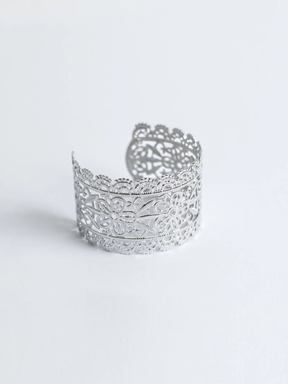 Silver Vintage Flower Cuff Bangle Bracelet