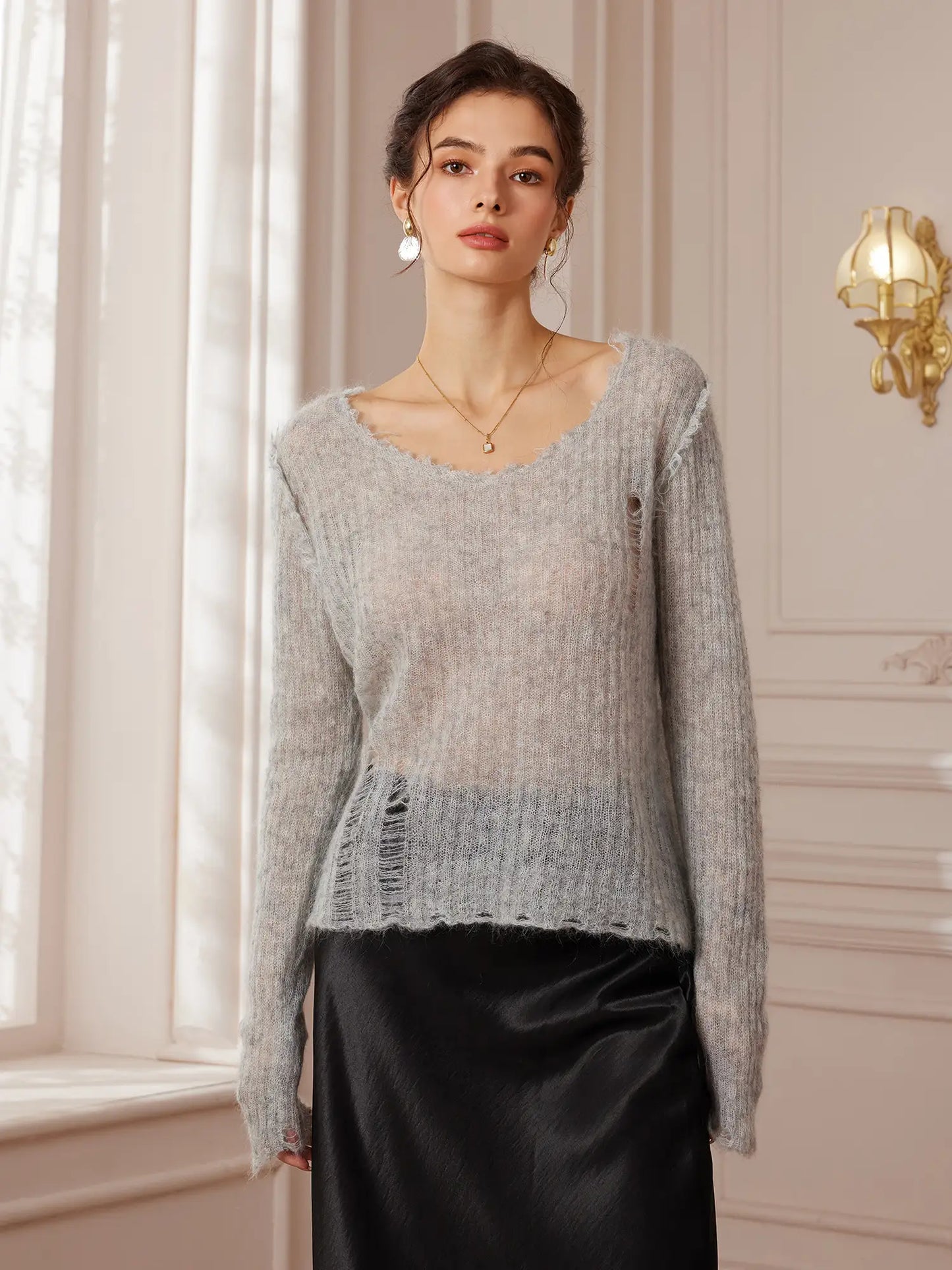 Gray Distressed Sheer V-Neck Knit Sweater