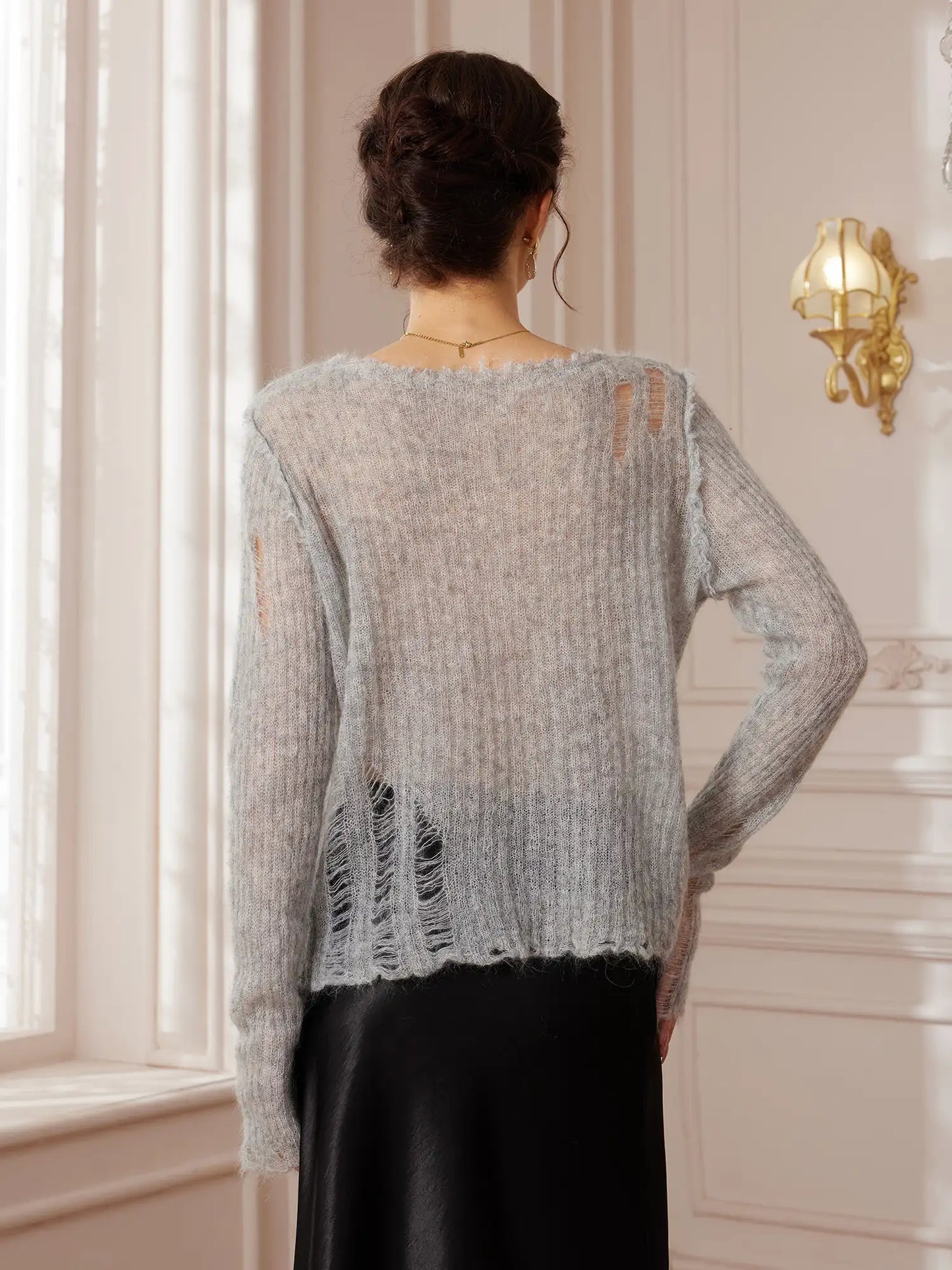 Gray Distressed Sheer V-Neck Knit Sweater