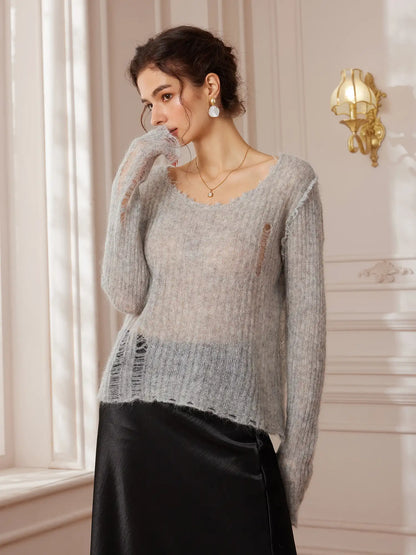 Gray Distressed Sheer V-Neck Knit Sweater