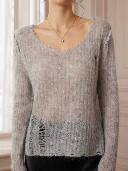 Gray Distressed Sheer V-Neck Knit Sweater