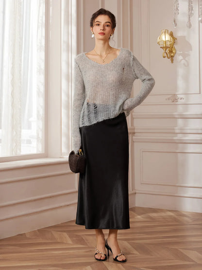 Gray Distressed Sheer V-Neck Knit Sweater
