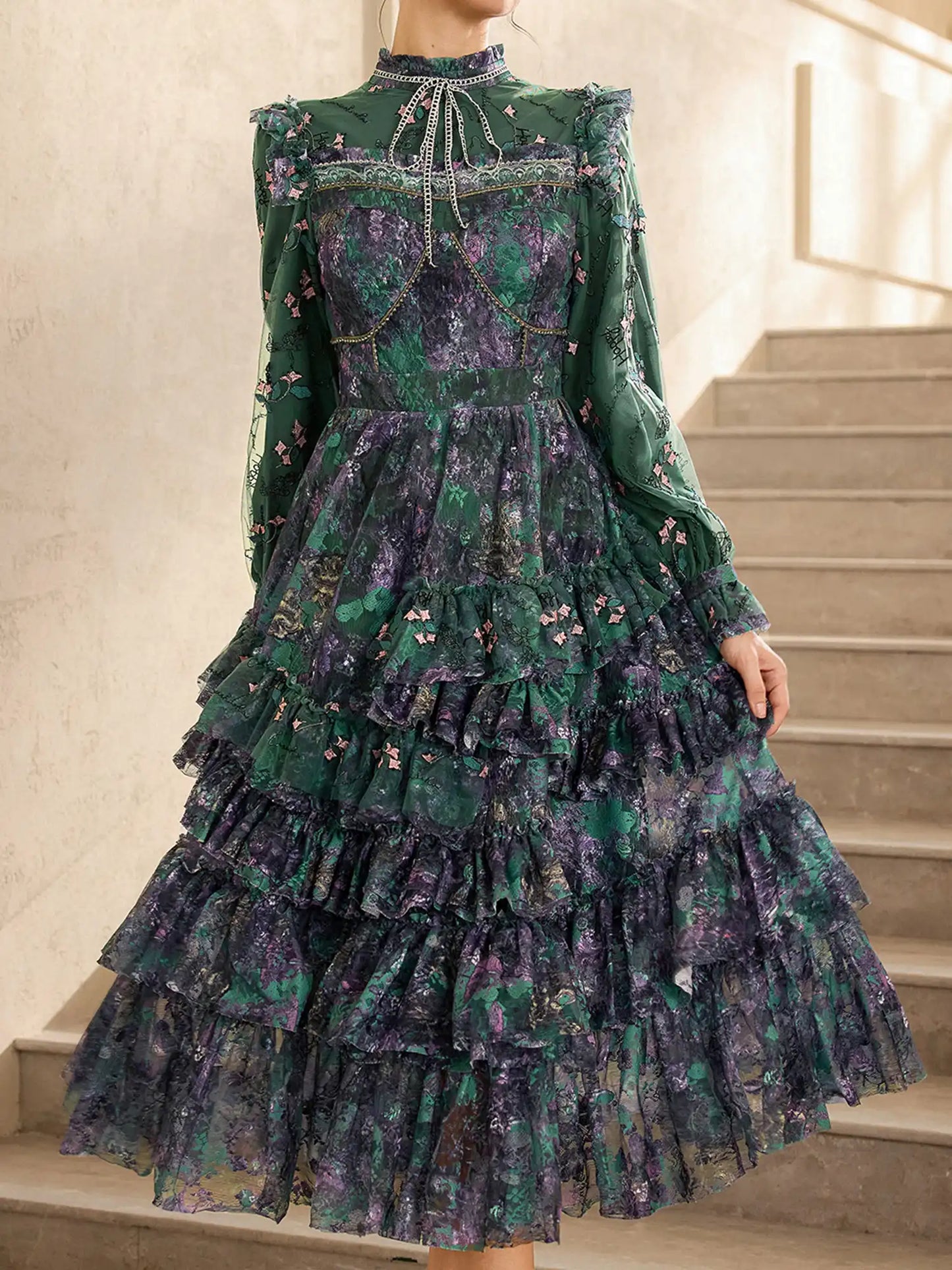 Green Floral Pleated Midi Dress