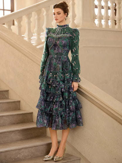 Green Floral Pleated Midi Dress