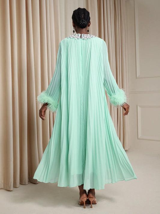 Green Ruched Round Neck Plush Sleeve Maxi Dress