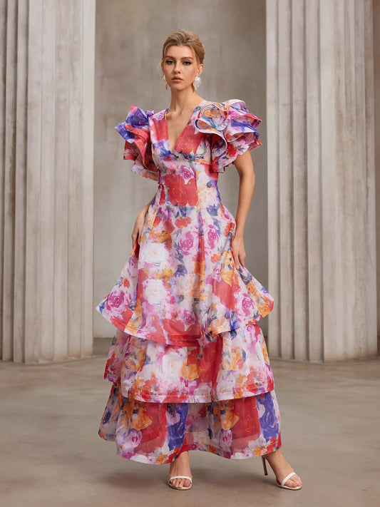 Hand-Printed Flutter-Sleeve Maxi Dress