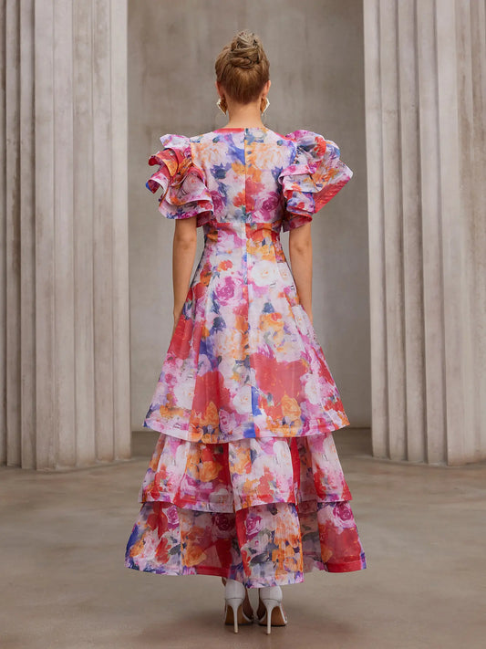 Hand-Printed Flutter-Sleeve Maxi Dress