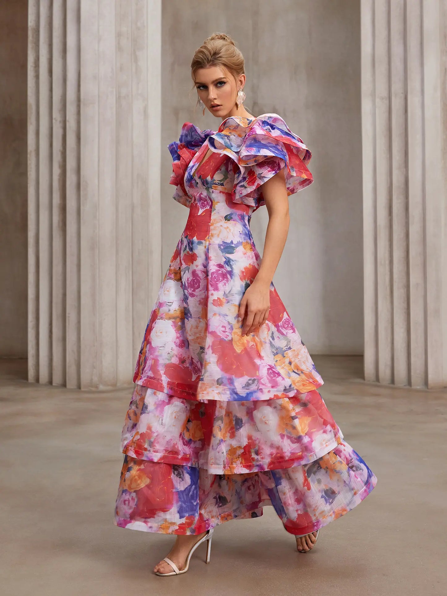 Hand-Printed Flutter-Sleeve Maxi Dress