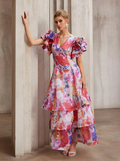 Hand-Printed Flutter-Sleeve Maxi Dress