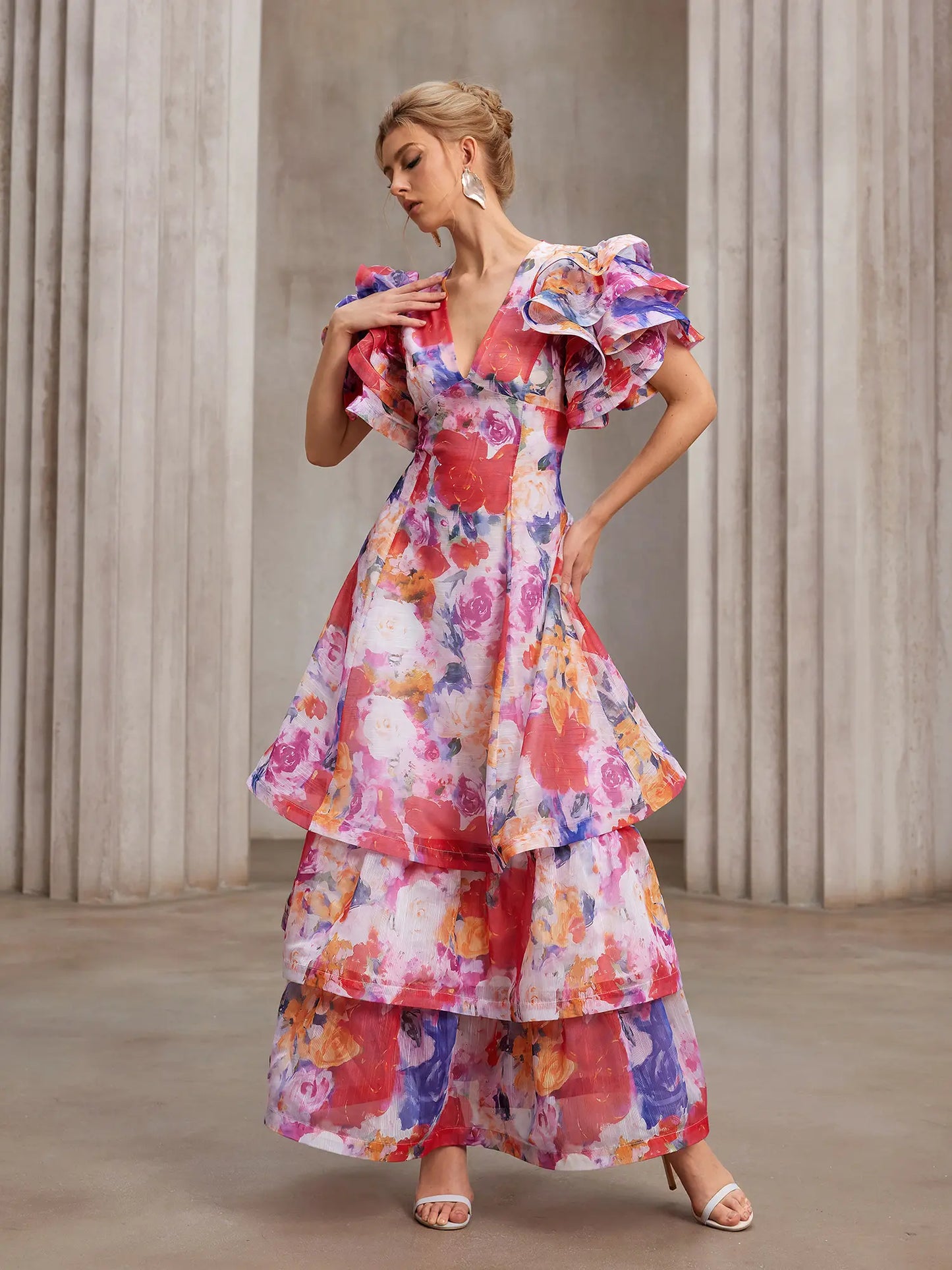 Hand-Printed Flutter-Sleeve Maxi Dress