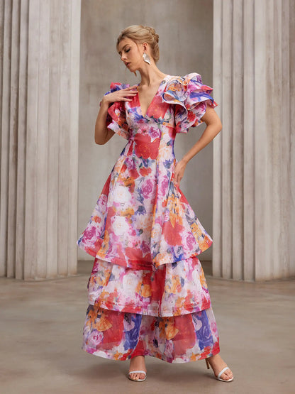 Hand-Printed Flutter-Sleeve Maxi Dress