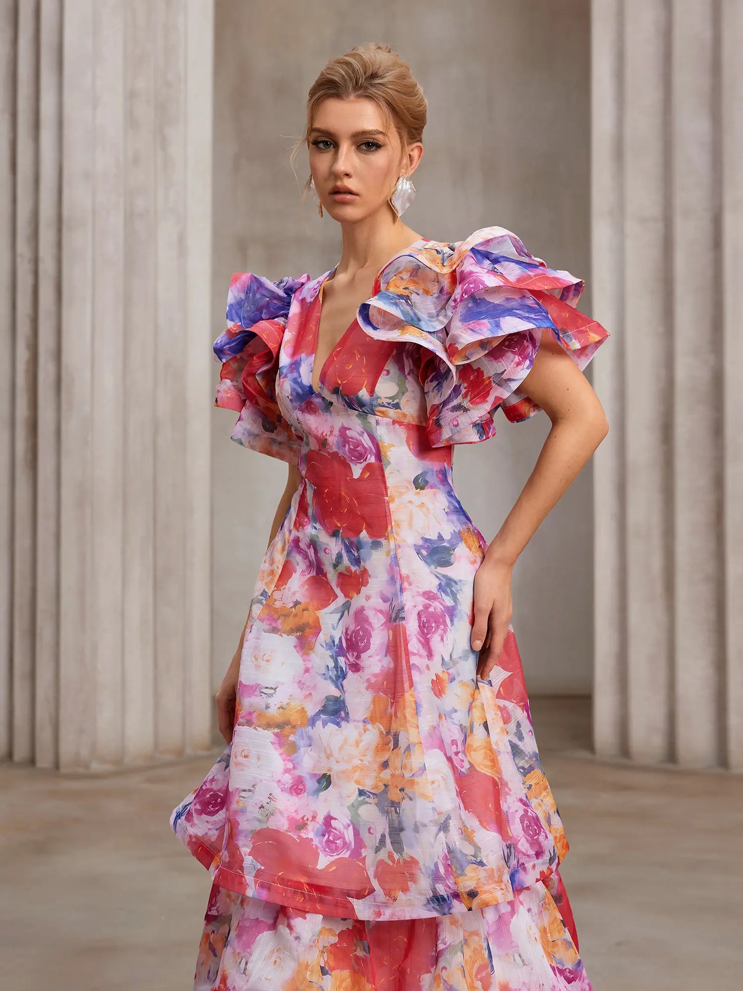 Hand-Printed Flutter-Sleeve Maxi Dress