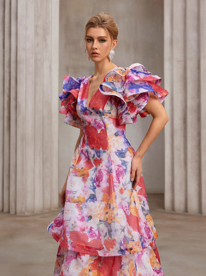 Hand-Printed Flutter-Sleeve Maxi Dress