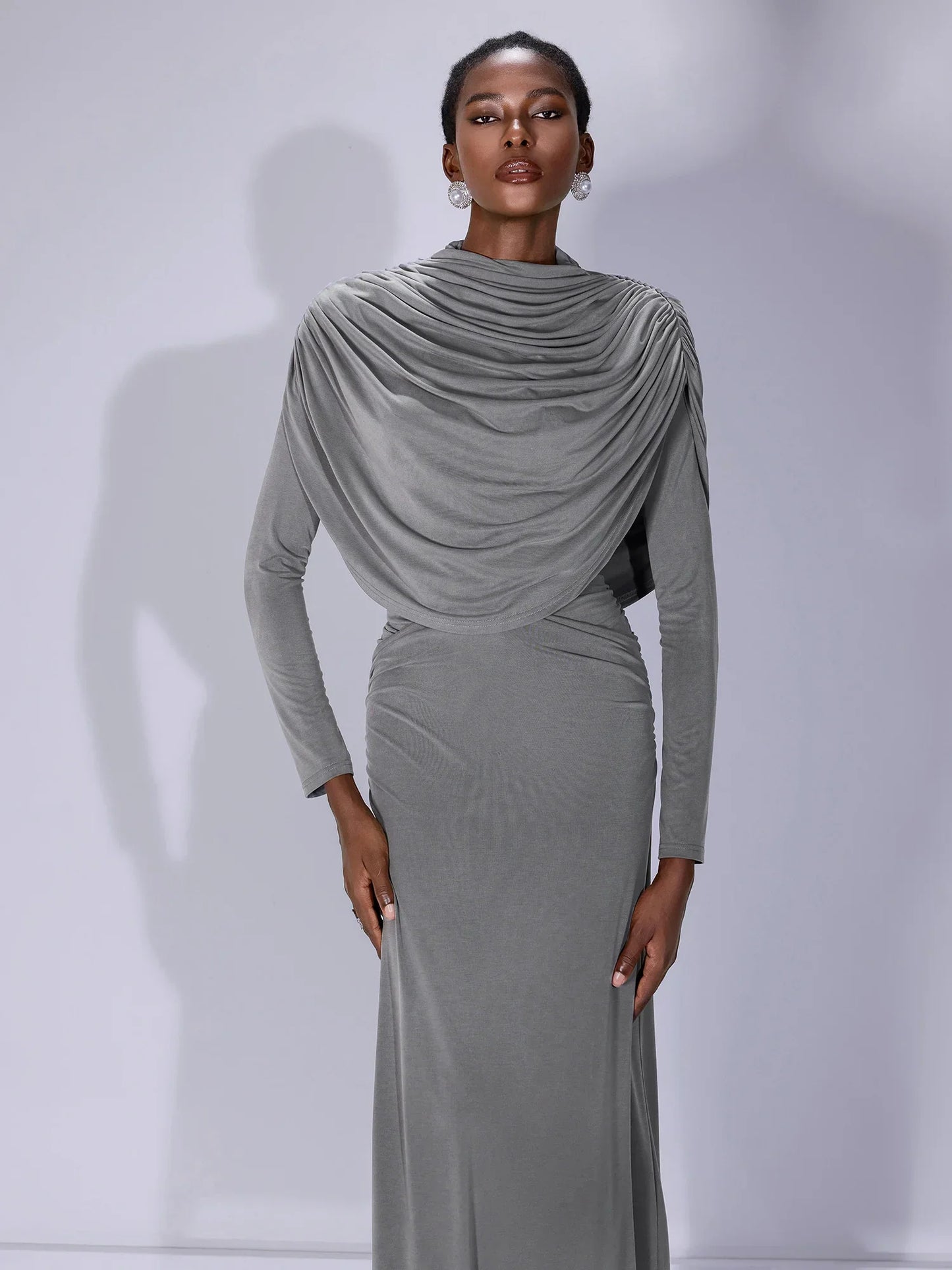 High Neck Ruched Bodycon Maxi Dress