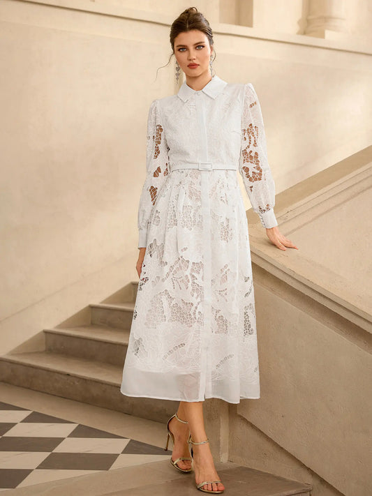 Hollow Lace Long Sleeve Midi Dress