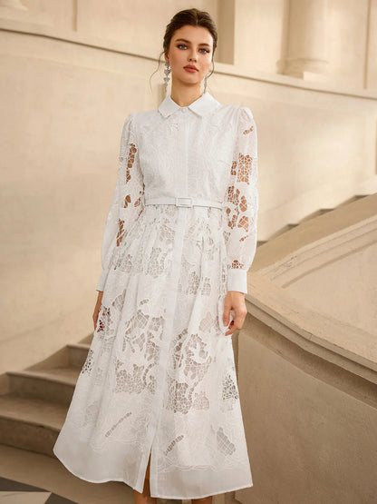 Hollow Lace Long Sleeve Midi Dress