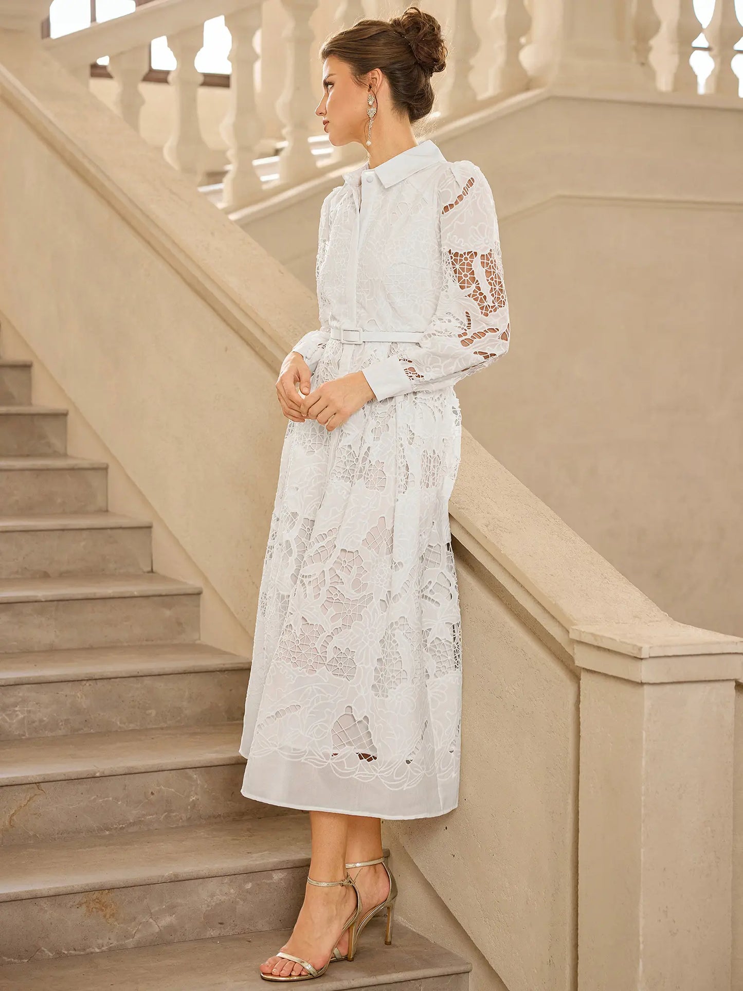 Hollow Lace Long Sleeve Midi Dress