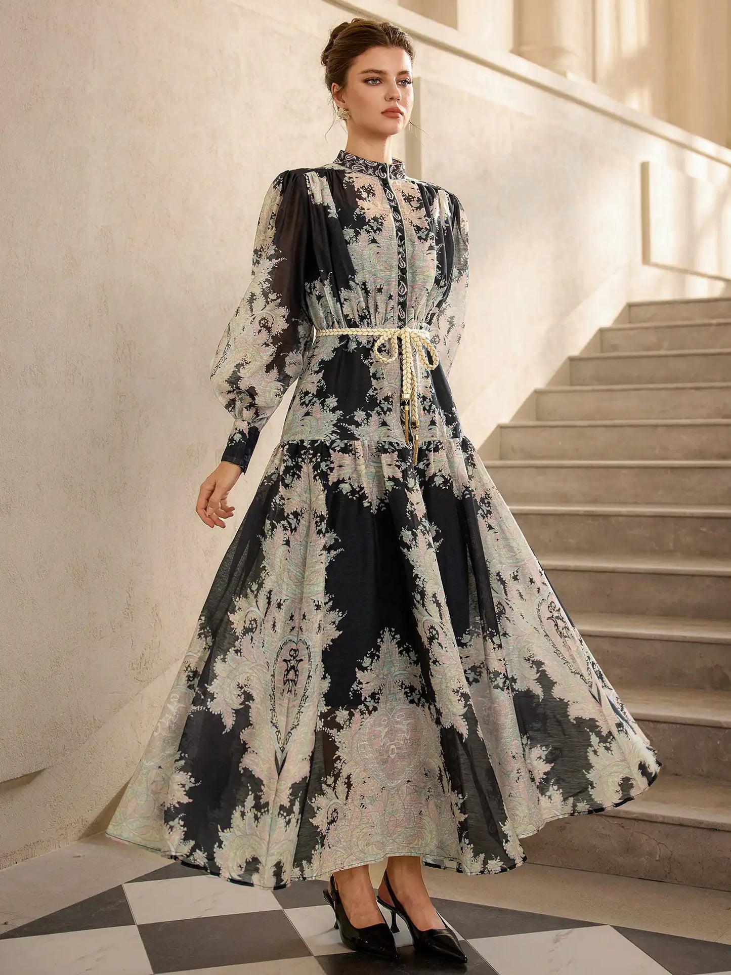 Boho Ink Print Vacation Maxi Dress