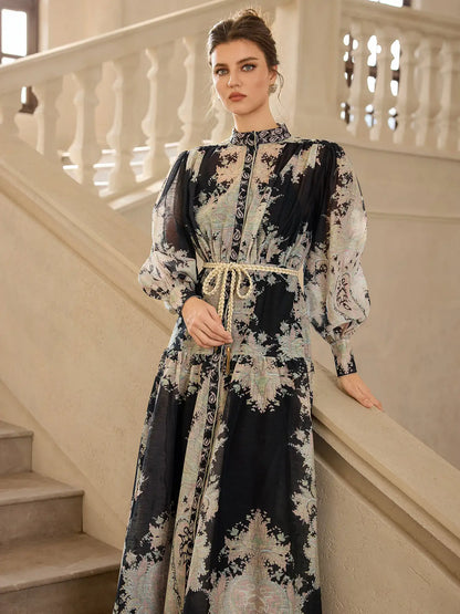 Boho Ink Print Vacation Maxi Dress