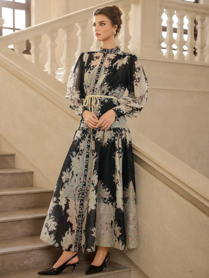Boho Ink Print Vacation Maxi Dress