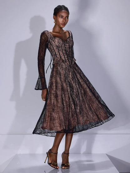 Lace Low Cut Ruffle Midi Dress