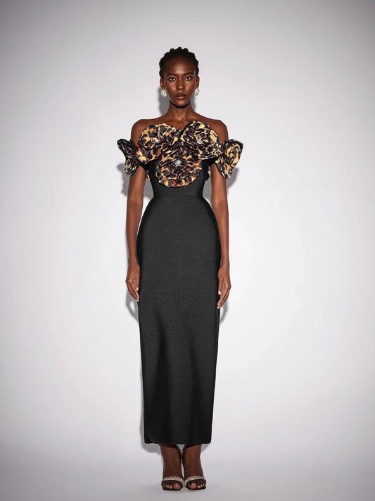 Leopard Floral Rhinestone Bodycon Maxi Dress