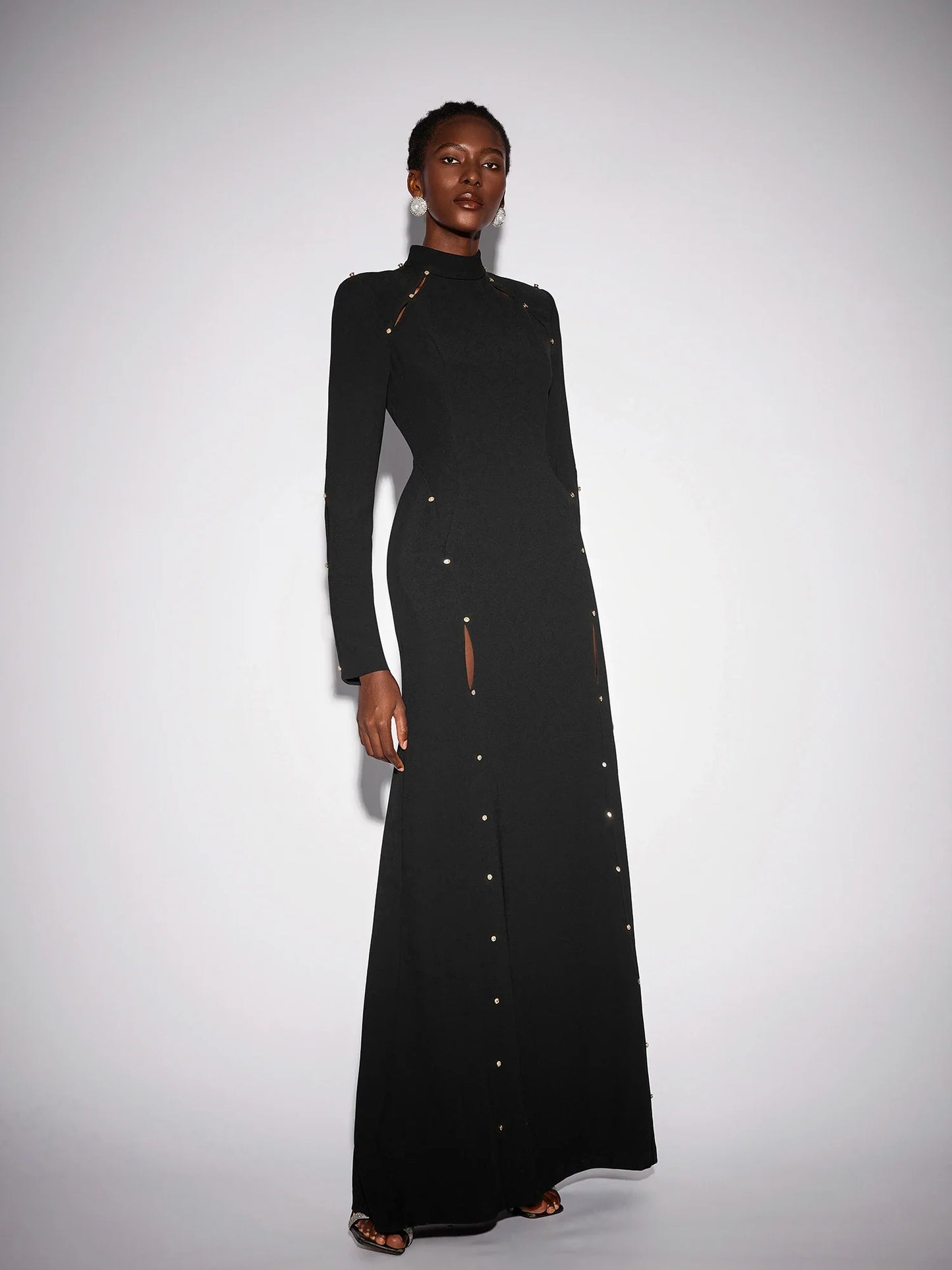 Black Long Sleeve Beaded Maxi Dress