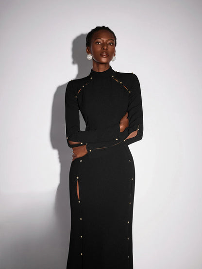 Black Long Sleeve Beaded Maxi Dress