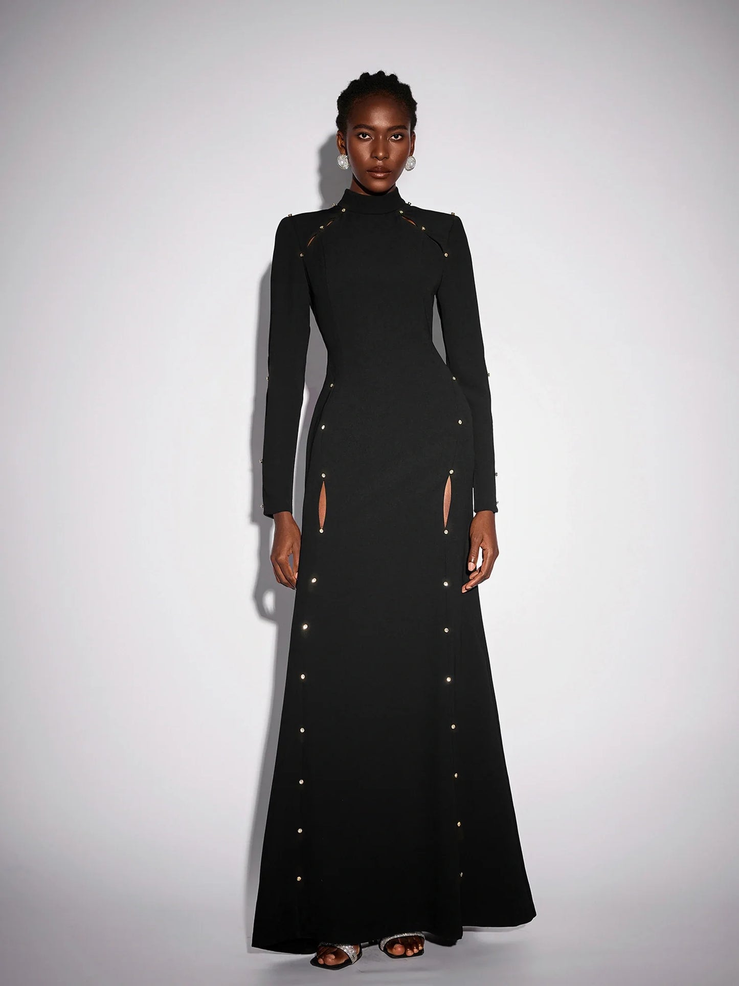Black Long Sleeve Beaded Maxi Dress