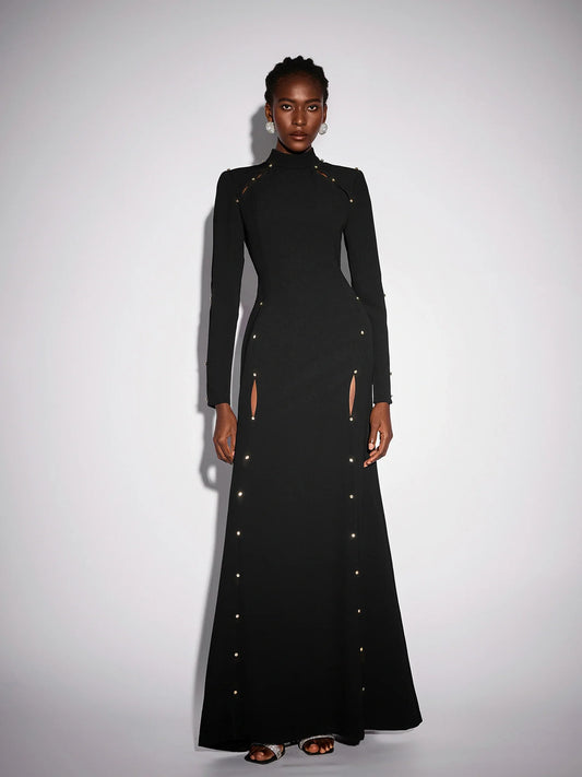 Black Long Sleeve Beaded Maxi Dress