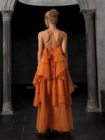 Luxury Open-Back Ruffle Maxi Dress
