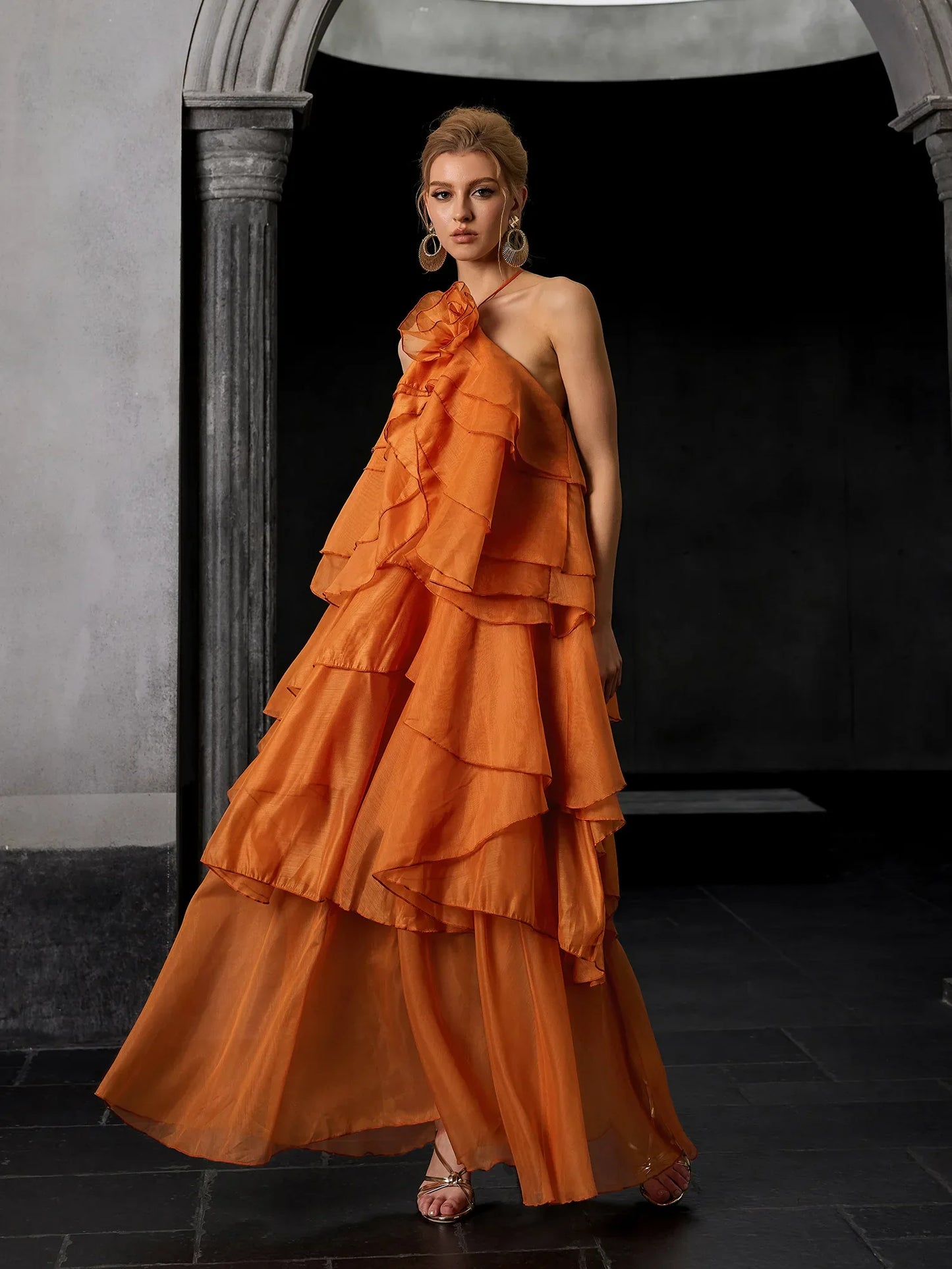 Luxury Open-Back Ruffle Maxi Dress