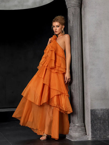 Luxury Open-Back Ruffle Maxi Dress