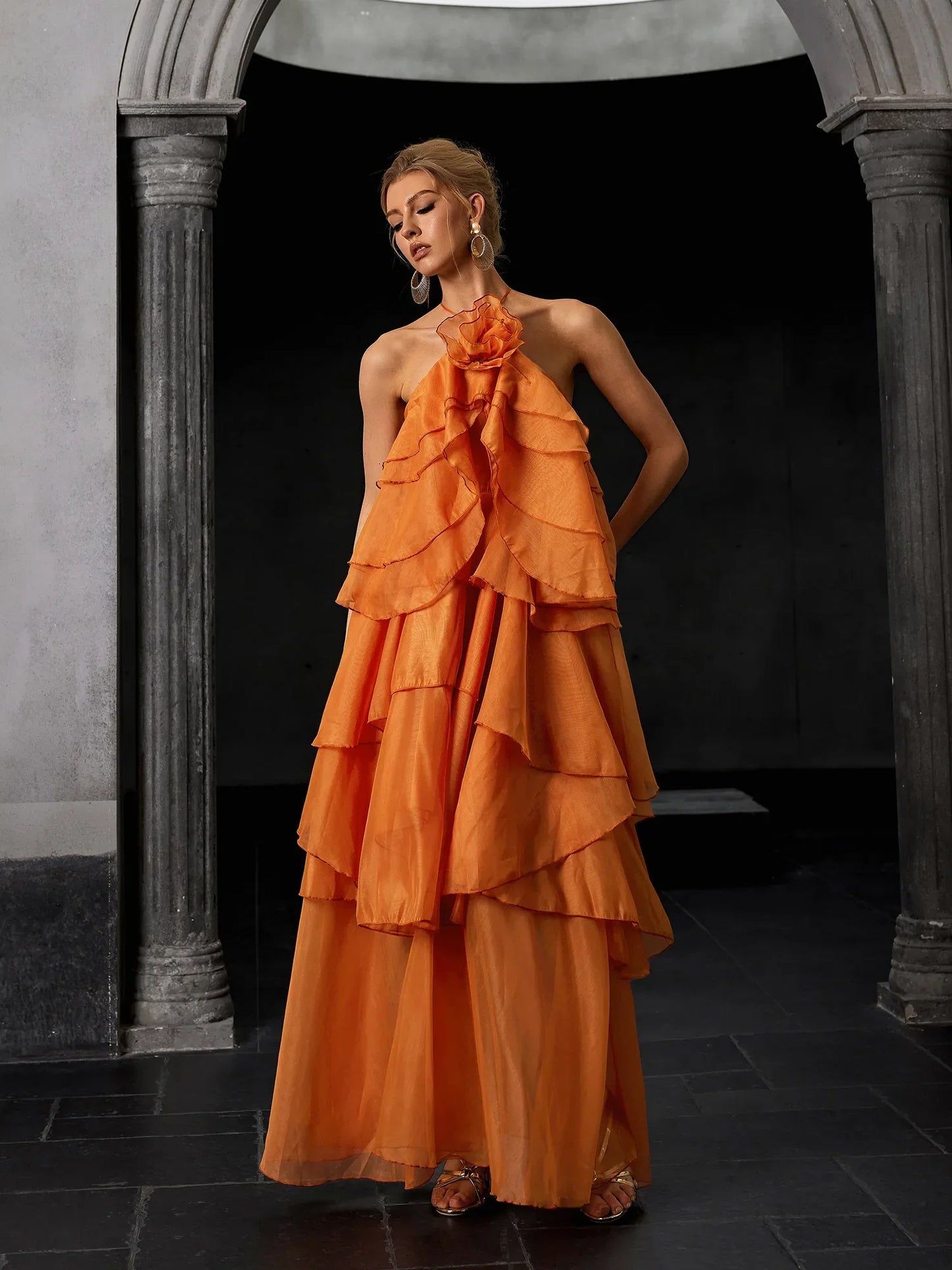 Luxury Open-Back Ruffle Maxi Dress