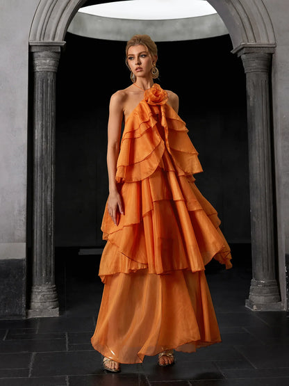 Luxury Open-Back Ruffle Maxi Dress