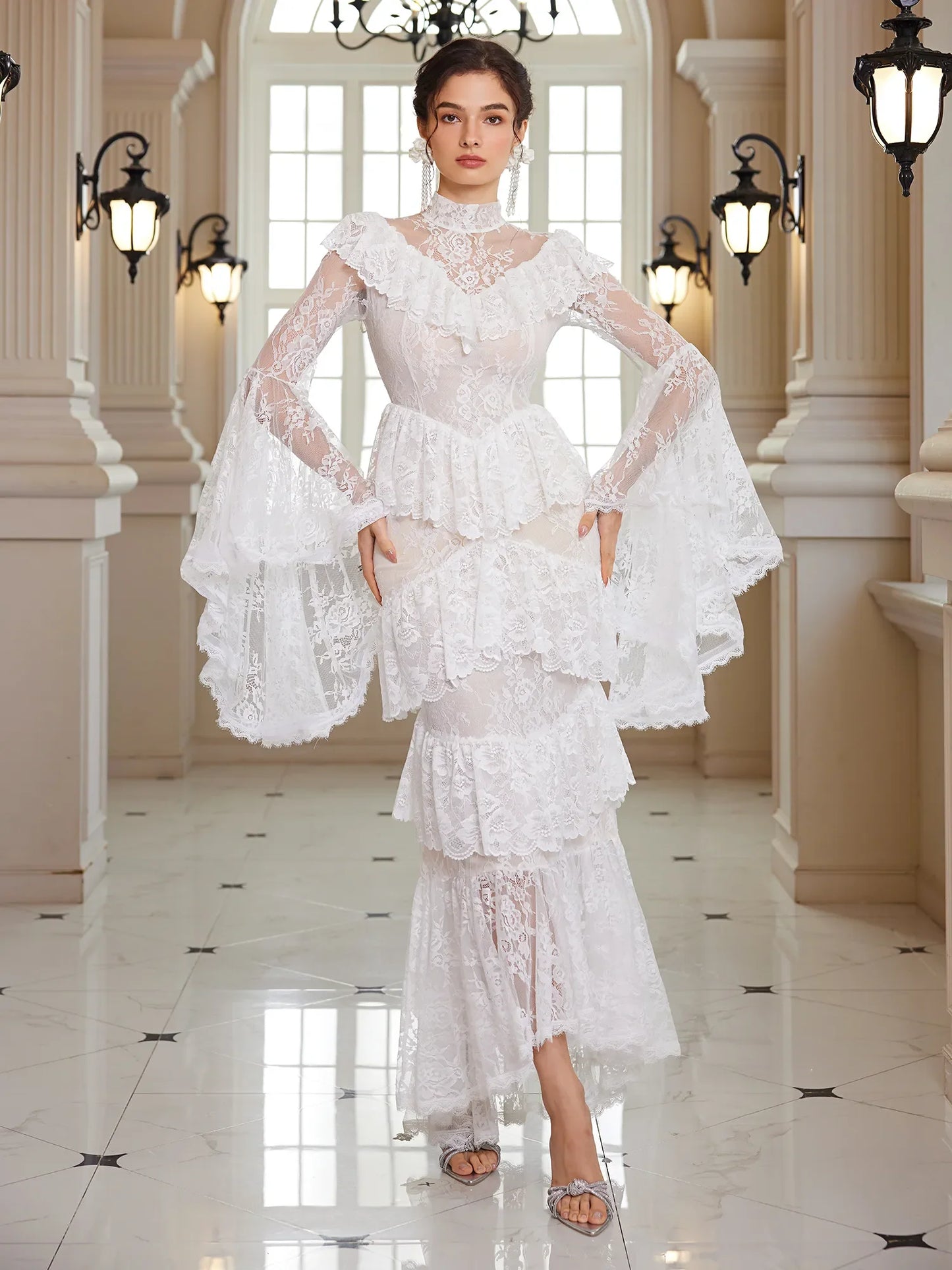 Mandarin-Collar Embroidered Peplum Midi Dress