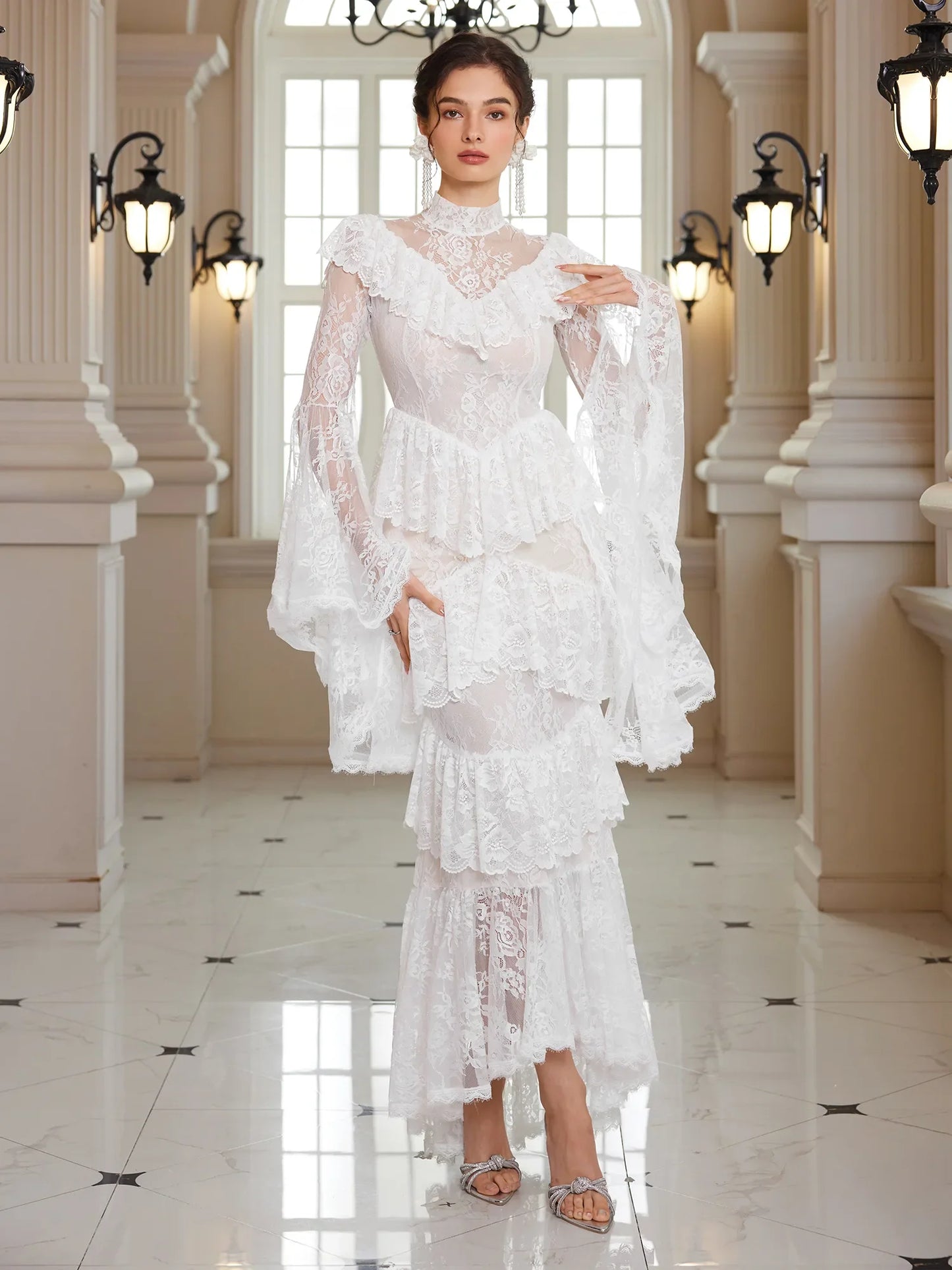 Mandarin-Collar Embroidered Peplum Midi Dress