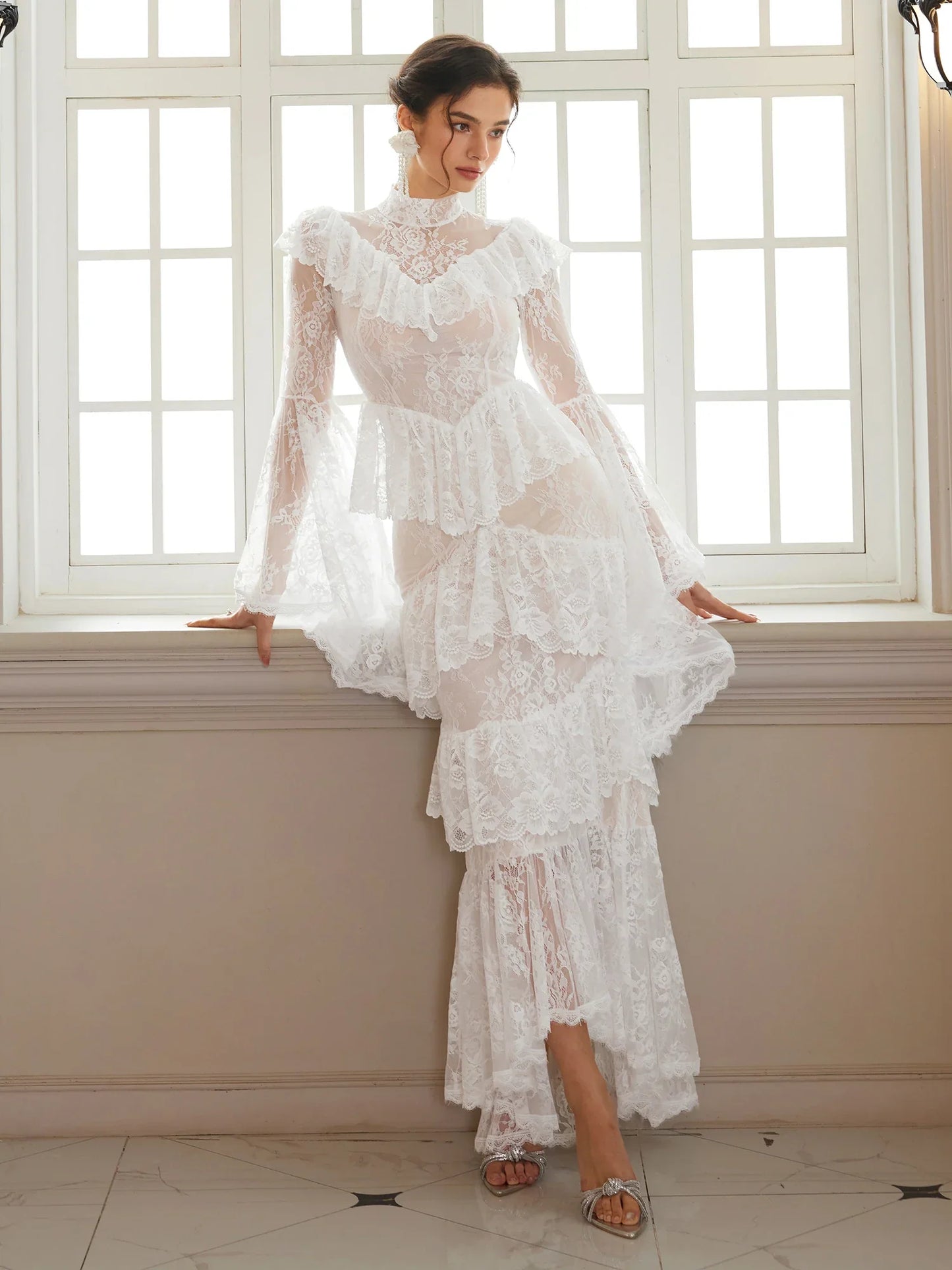 Mandarin-Collar Embroidered Peplum Midi Dress