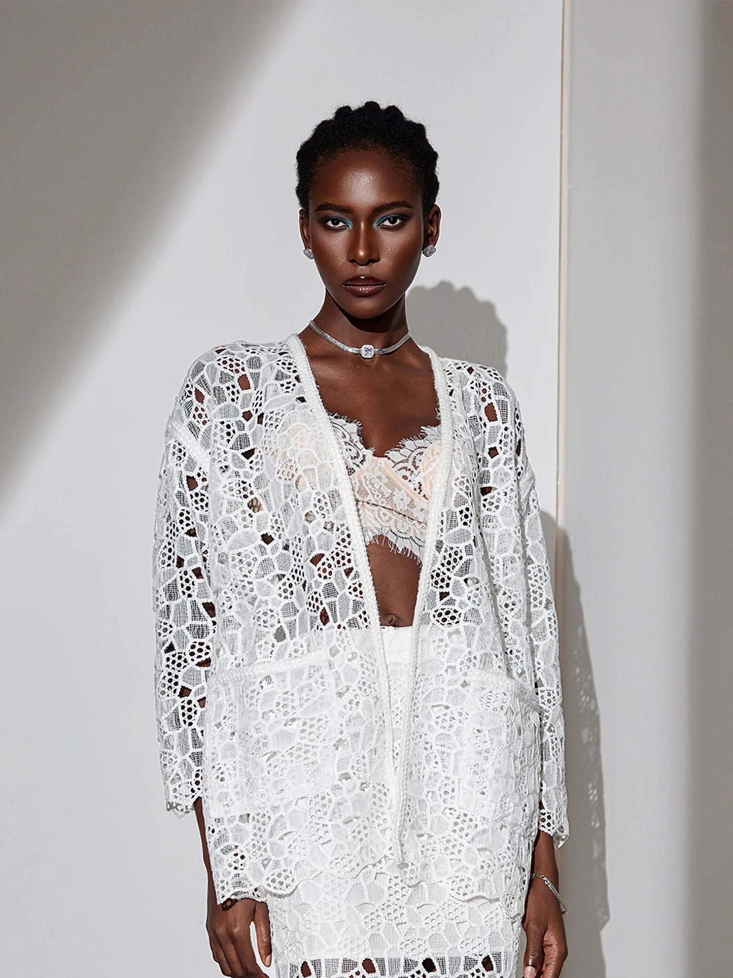 White Mesh V-Neck Cut-Out Jacket