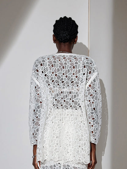 White Mesh V-Neck Cut-Out Jacket