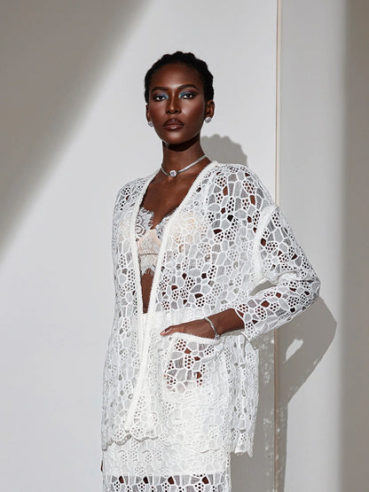 White Mesh V-Neck Cut-Out Jacket