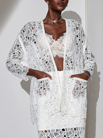 White Mesh V-Neck Cut-Out Jacket