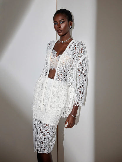 White Mesh V-Neck Cut-Out Jacket